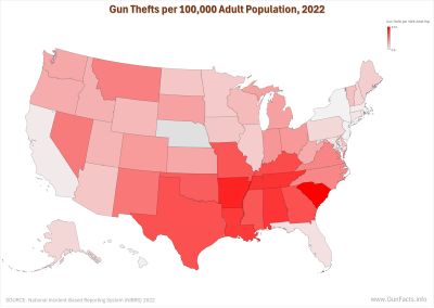 Map showing the ratio between firearm thefts and firearm recoveries by state in 2022